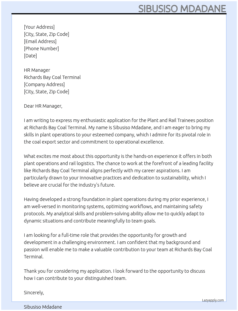 Plant and rail trainees  At Richards Bay Coal Terminal Cover Letter