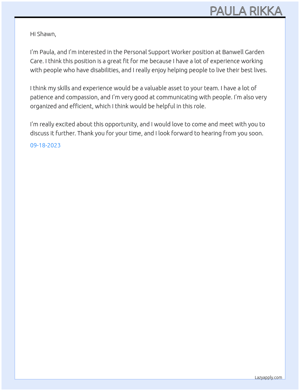 Personal Support Worker At Banwell Garden Care Cover Letter