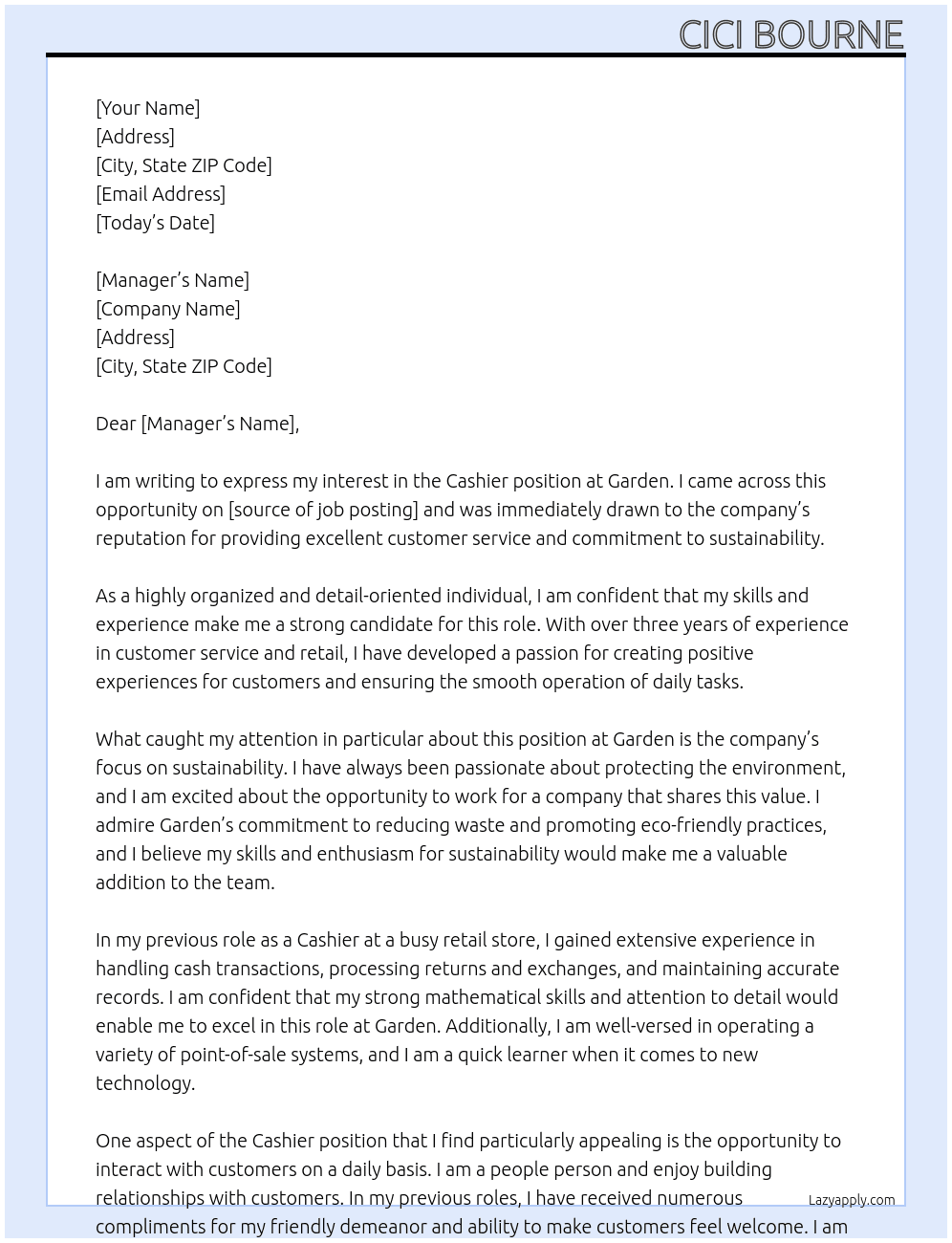 Cashier At garden Cover Letter