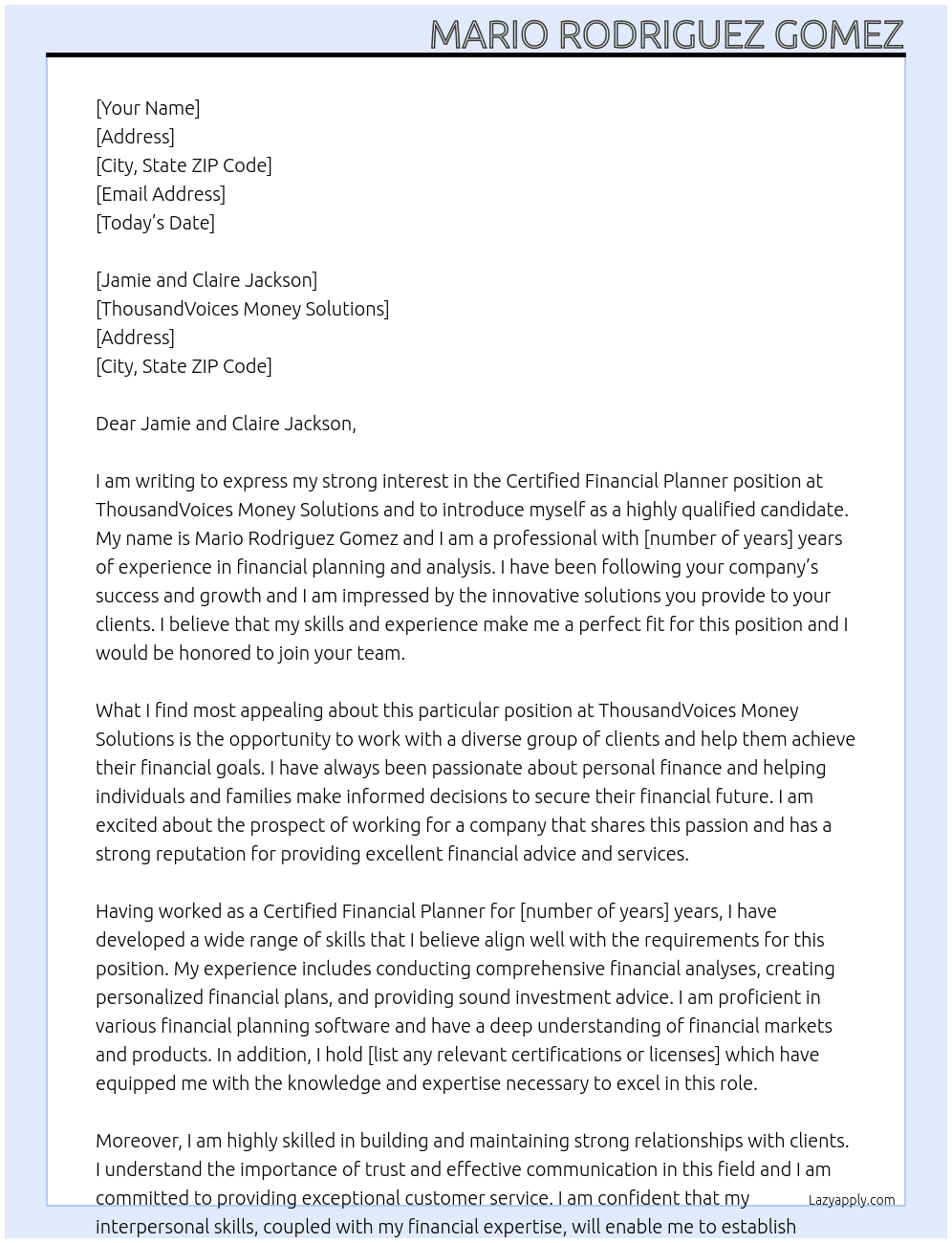 Certified Financial Planner At ThousandVoices Money Solutions Cover Letter