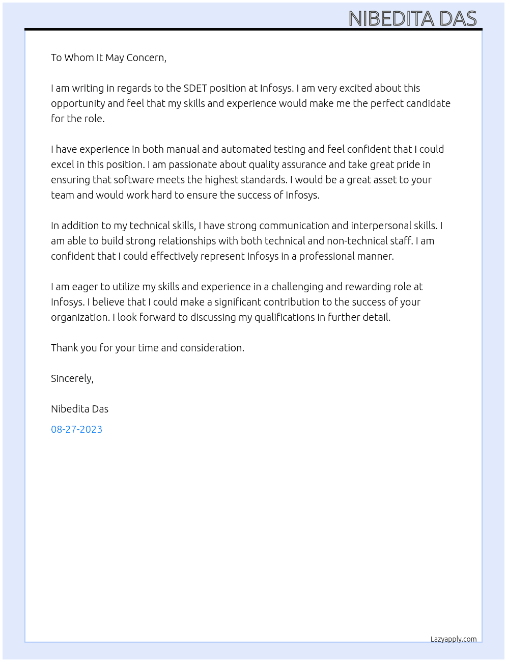 SDET At Infosys  Cover Letter