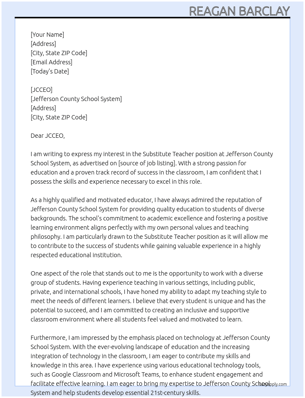 Substitute Teacher At Jefferson County School System Cover Letter