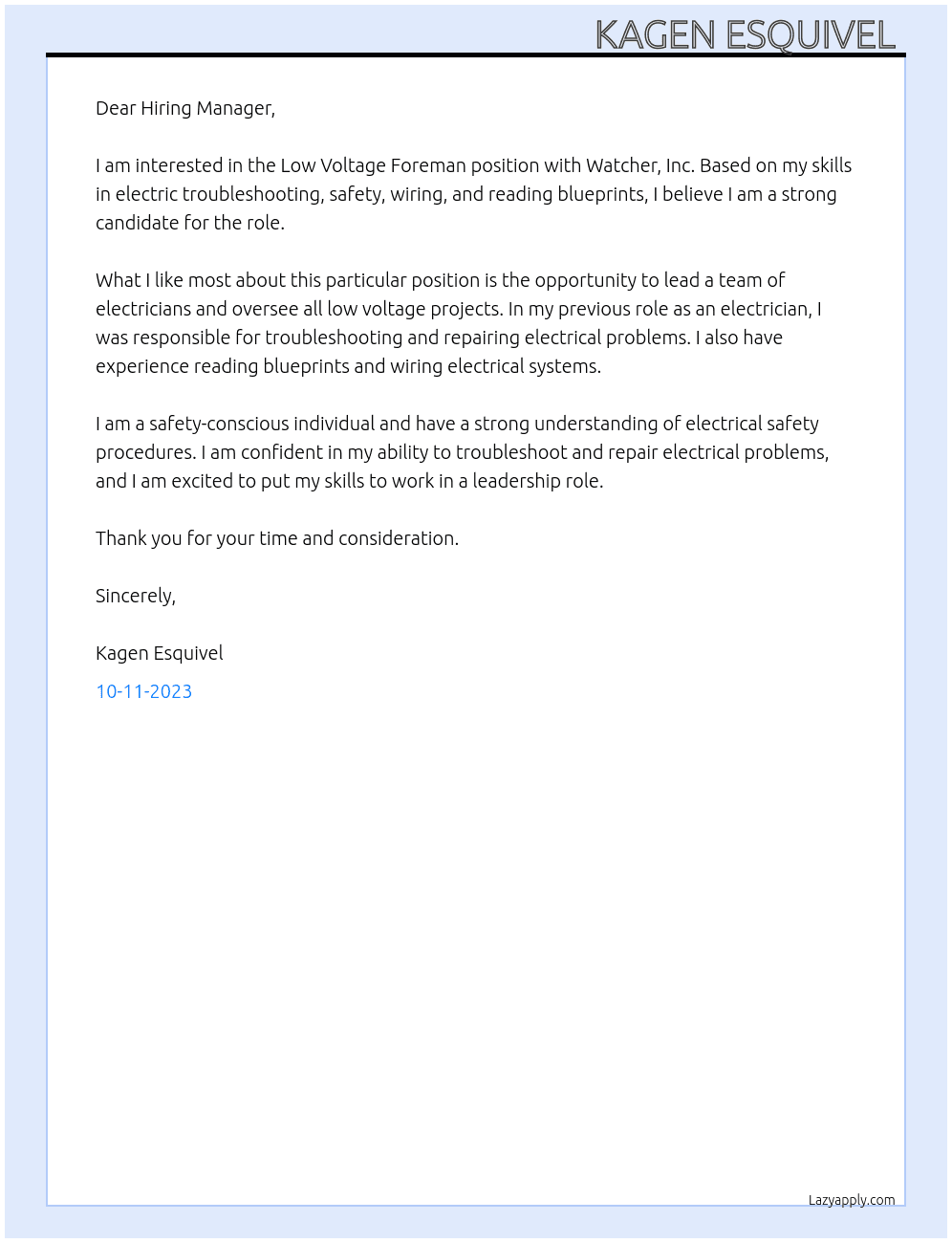 Low Voltage Foreman  At Watcher, Inc Cover Letter