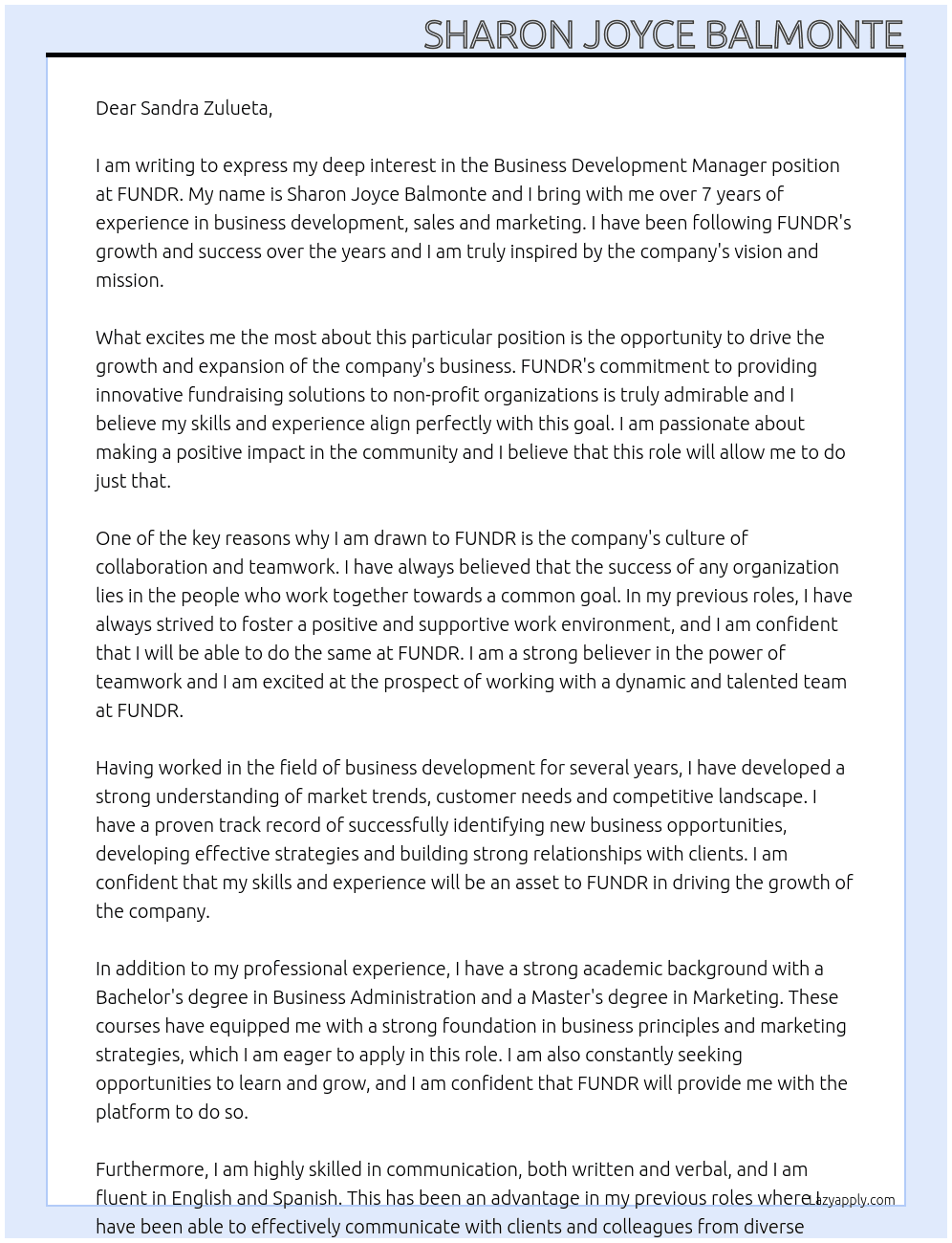 Business Development Manager At FUNDR Cover Letter