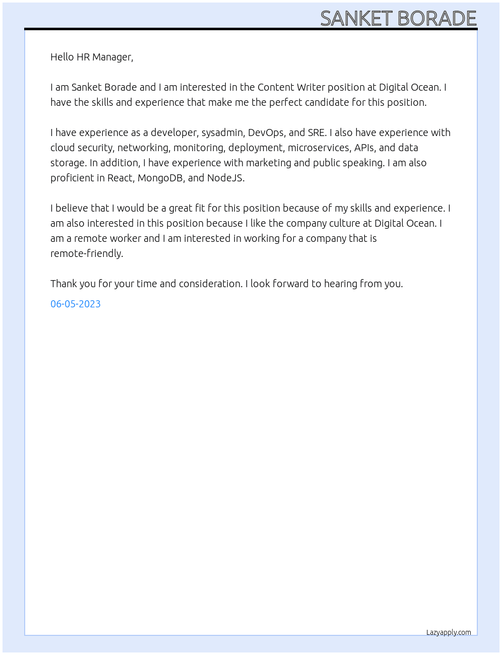 Content Writer At Digital Ocean Cover Letter