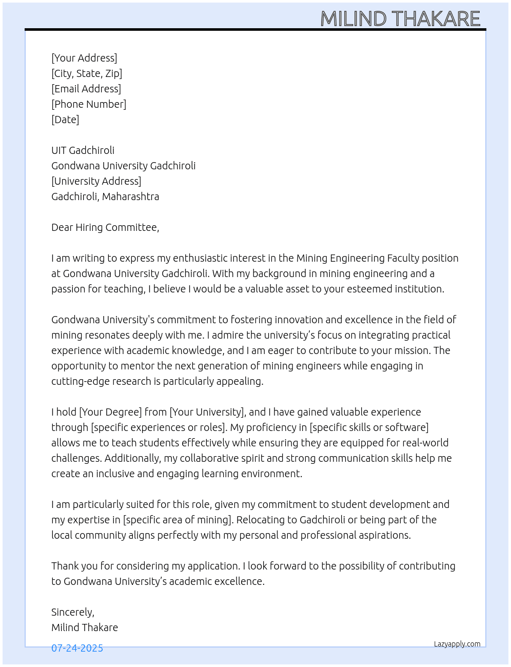 Mining Engineering Faculty  At Gondwana University Gadchiroli  Cover Letter