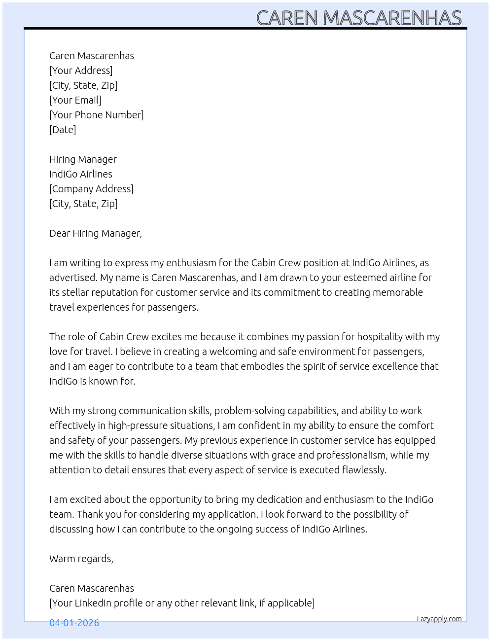 Cabin crew  At IndiGo Airlines  Cover Letter