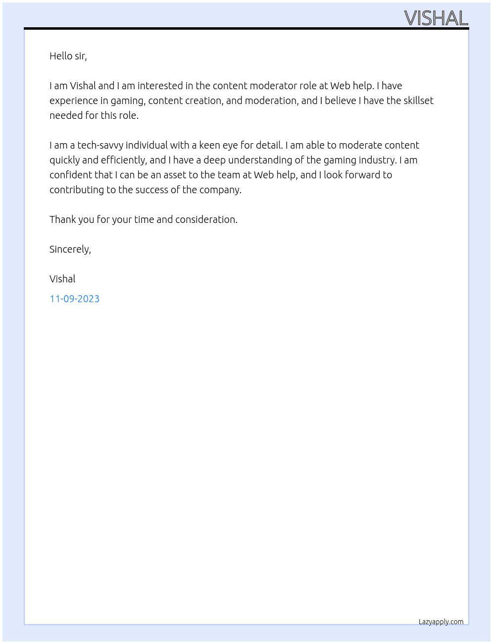 Content moderator  At Web help Cover Letter