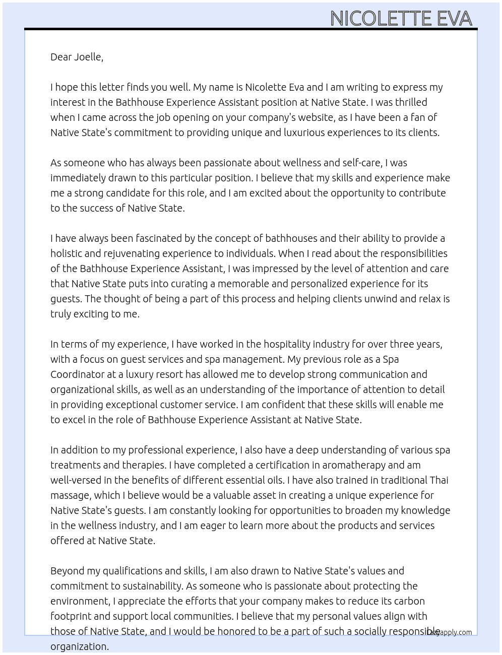 Bathhouse experience assistant  At Native State Cover Letter