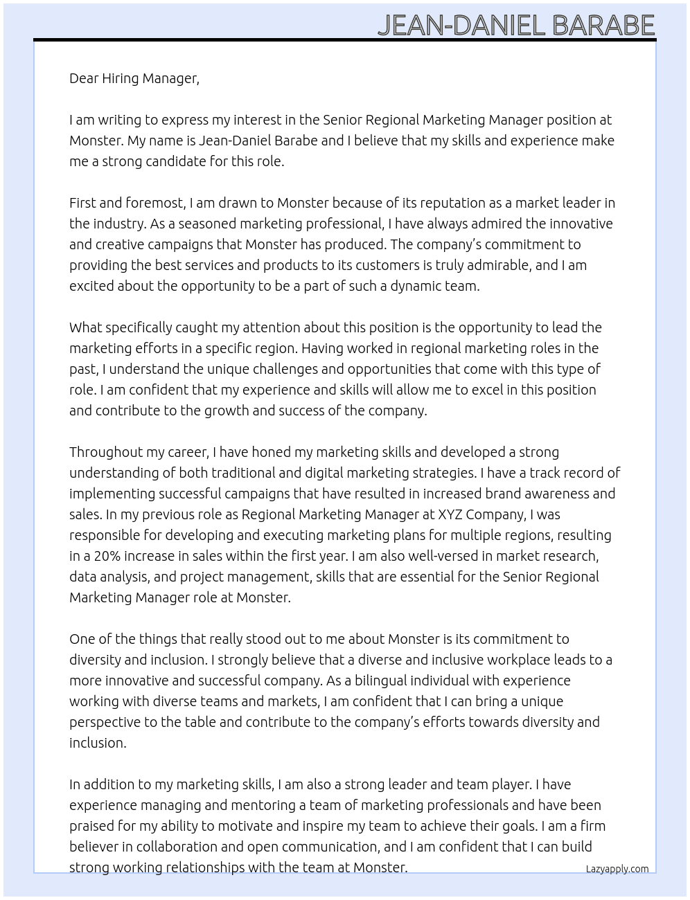 Senior Regional Marketing Manager At Monster Cover Letter