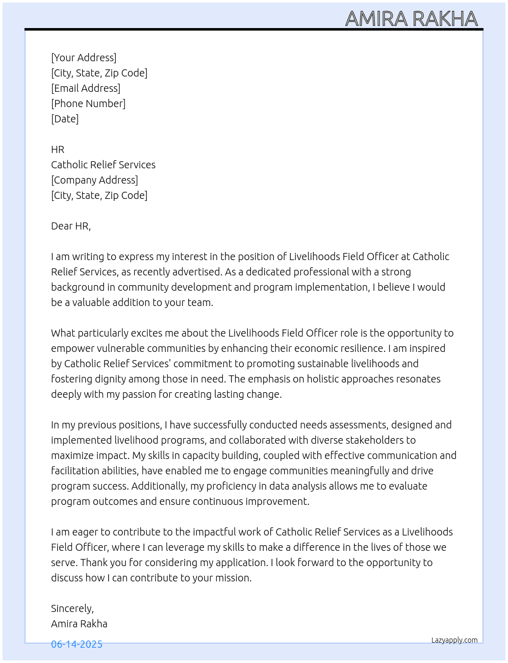 Livelihoods Field Officer At Catholic Relief Services  Cover Letter