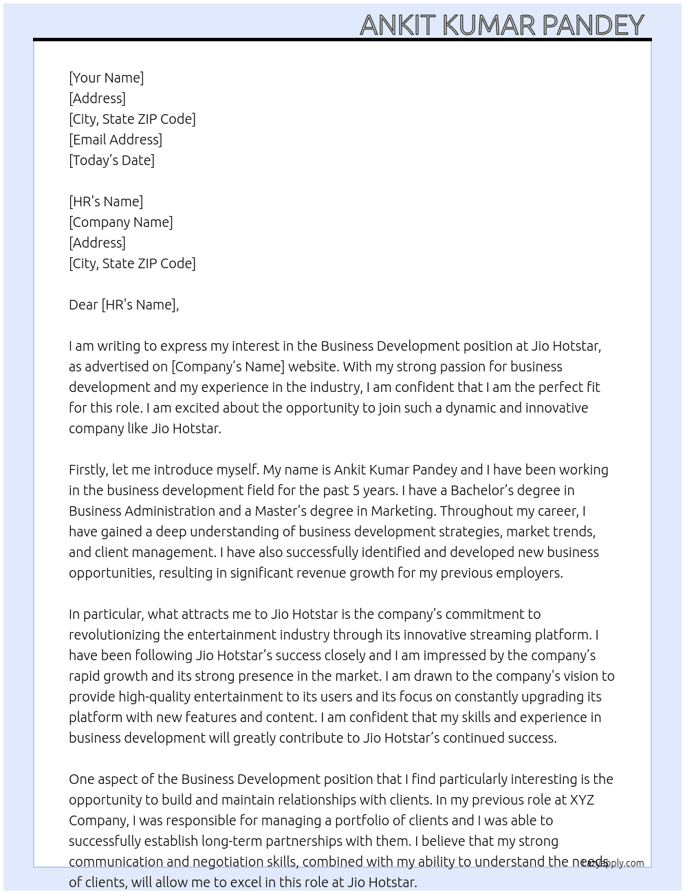 Business development  At Jio hotstar Cover Letter