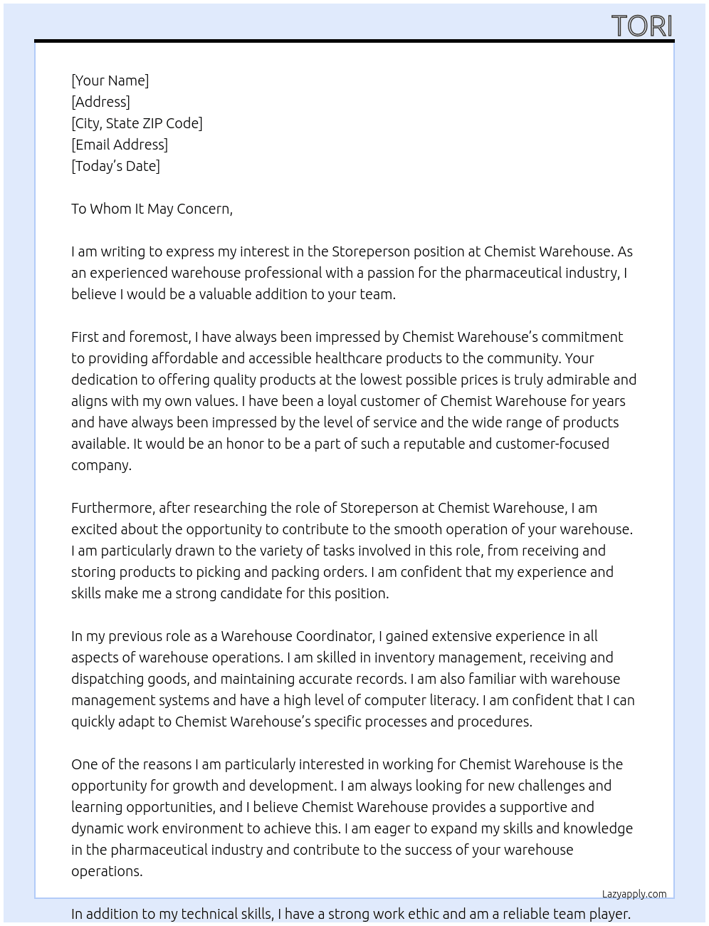 Storeperson At Chemist Warehouse Cover Letter