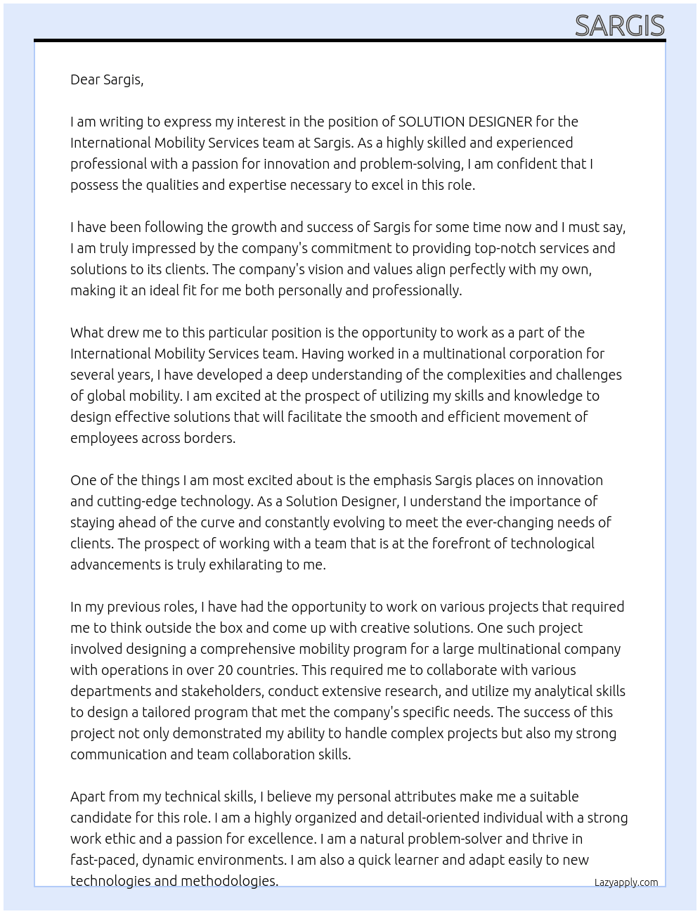 SOLUTION DESIGNER( International Mobility Services team At Sargis Cover Letter