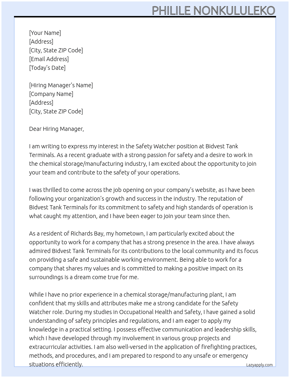 	Safety Watcher At  Bidvest Tank Terminals  Cover Letter