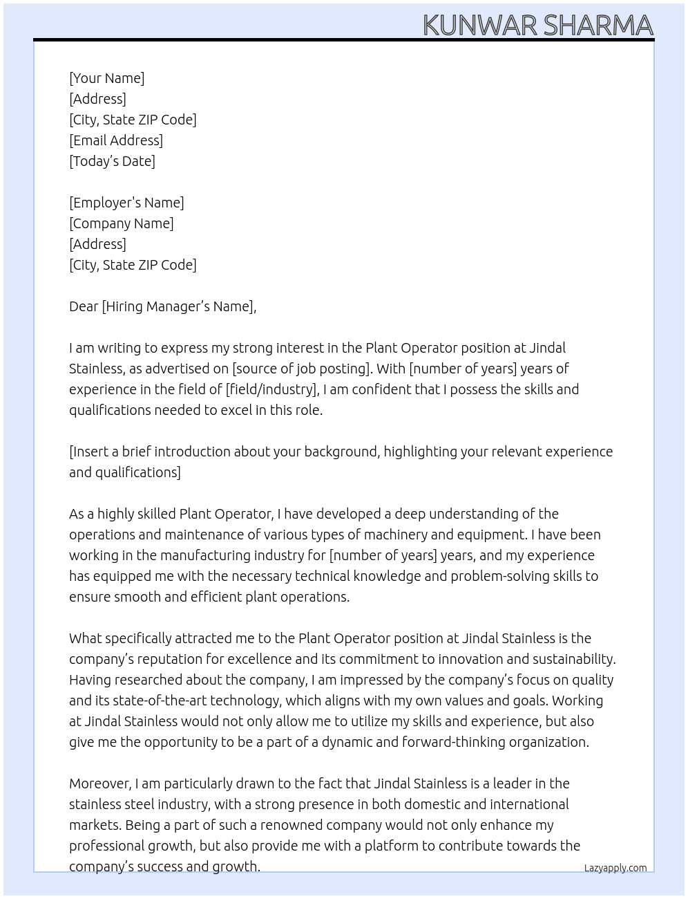 plant operator At Jindal Stainless Cover Letter