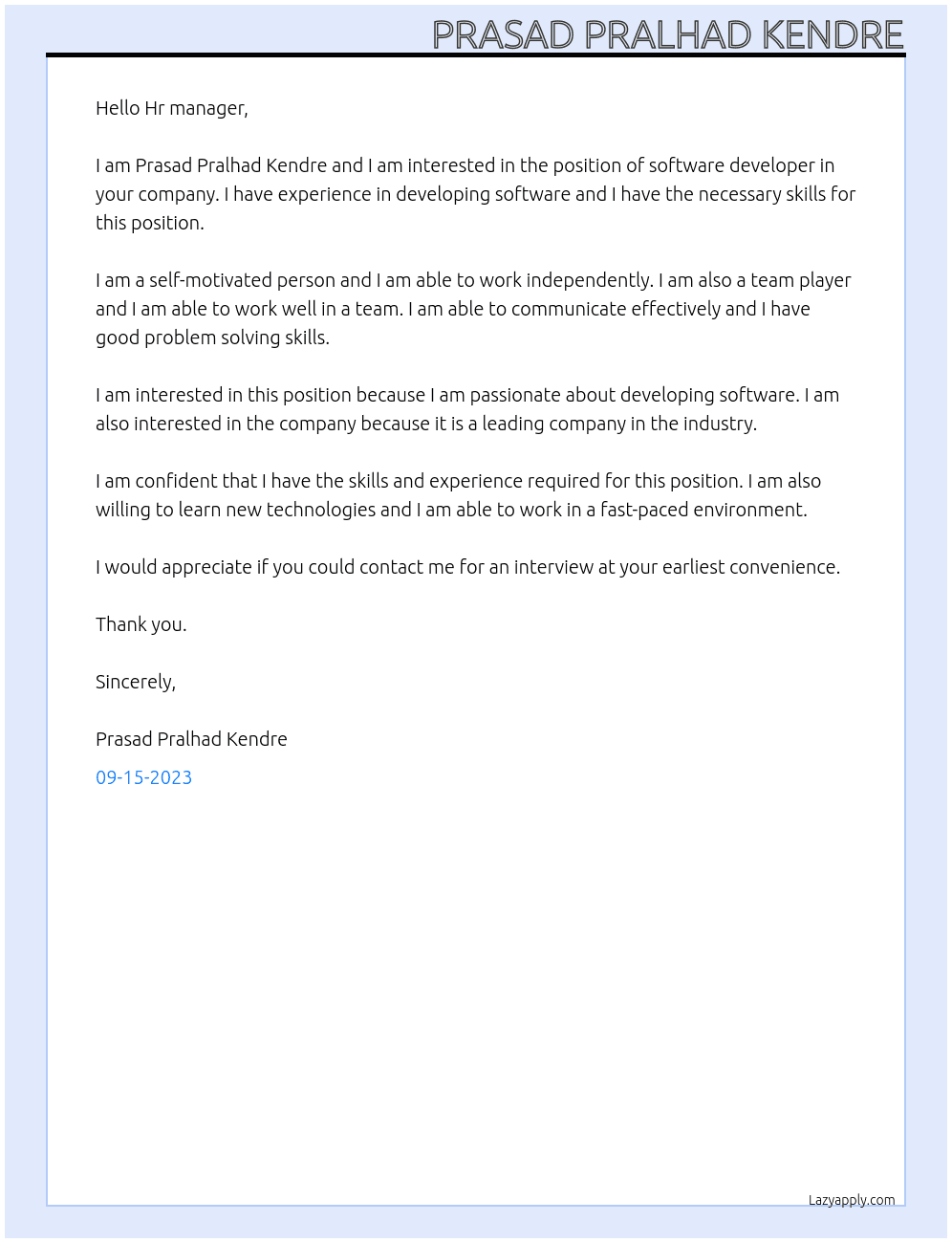 Software developer At Imgosys companu Cover Letter