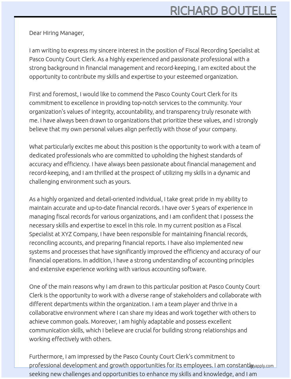 Fiscal Recording Specialist At Pasco County Court Clerk Cover Letter