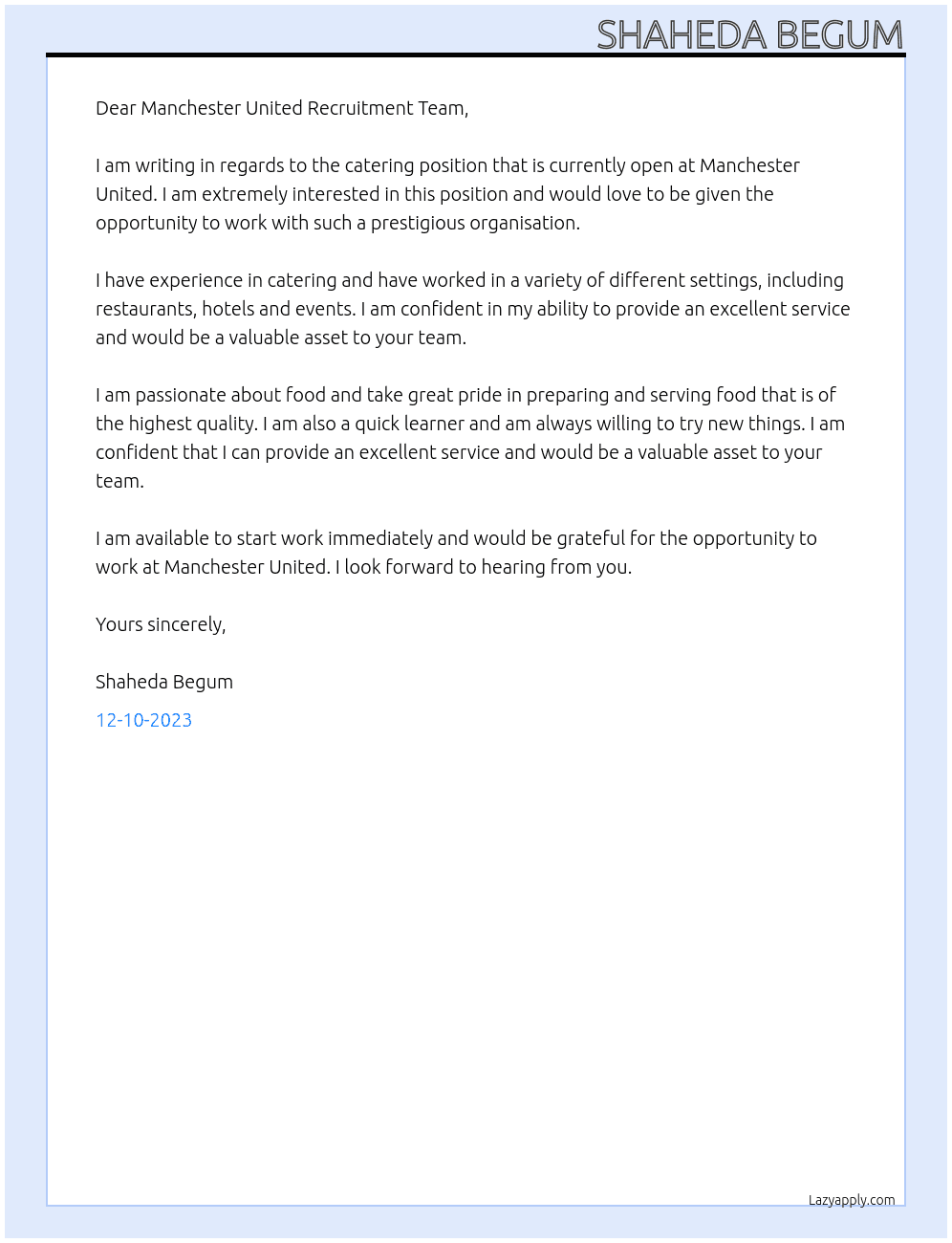 Catering At Manchester United Cover Letter