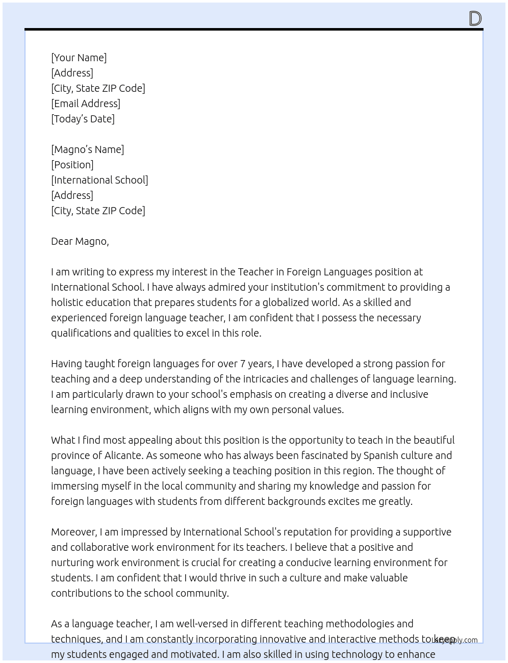 Teacher in foreign languages  At International school  Cover Letter