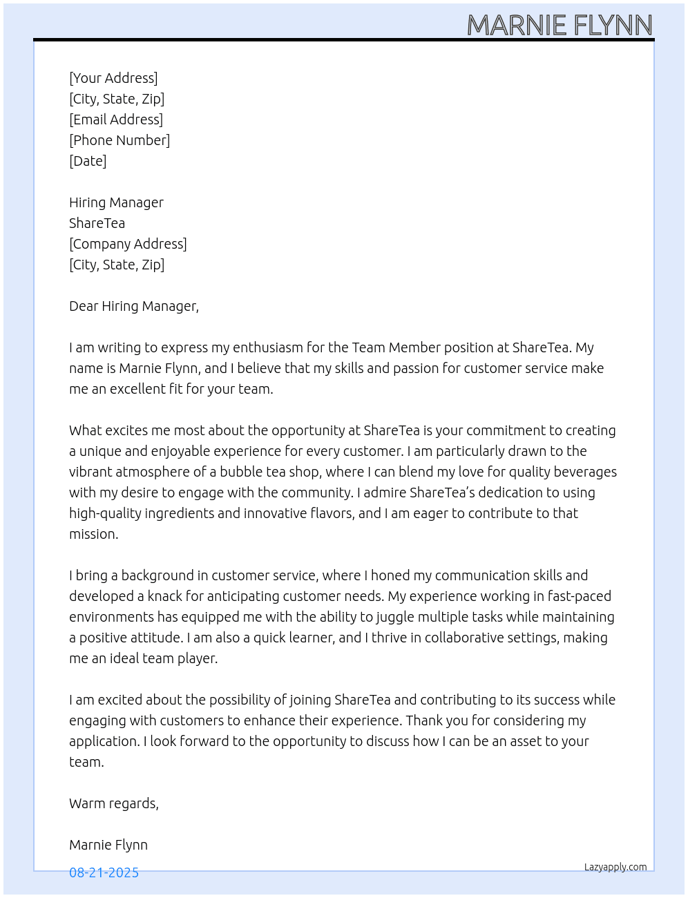 Team Member At ShareTea Cover Letter