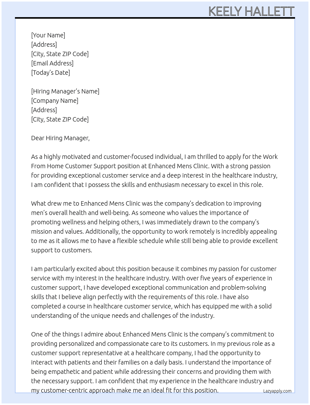 Cover letter for work from home customer support - LazyApply
