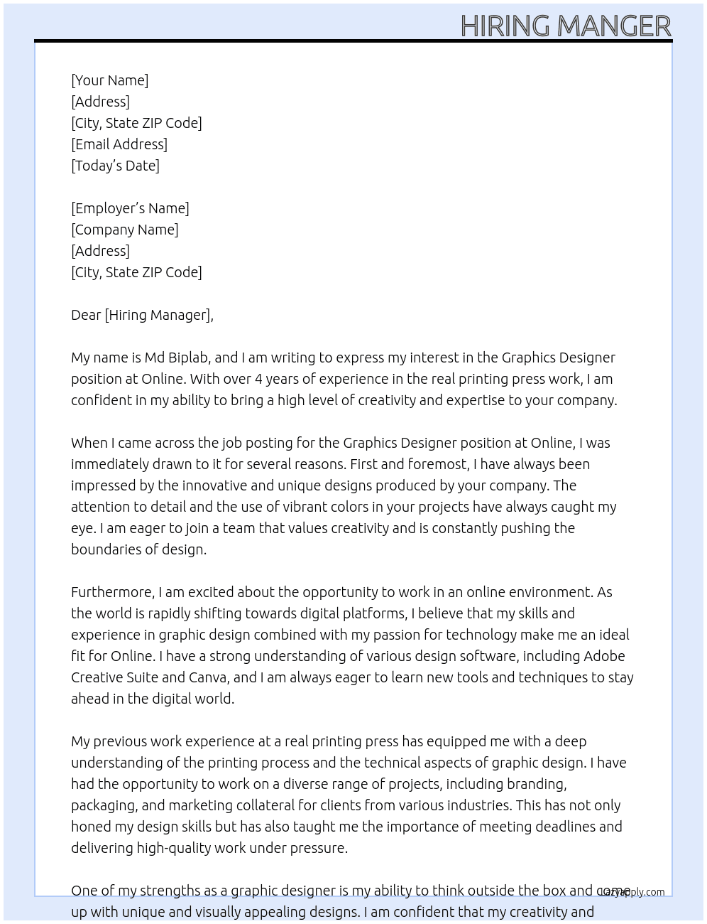 Graphics Designer  At Online Cover Letter