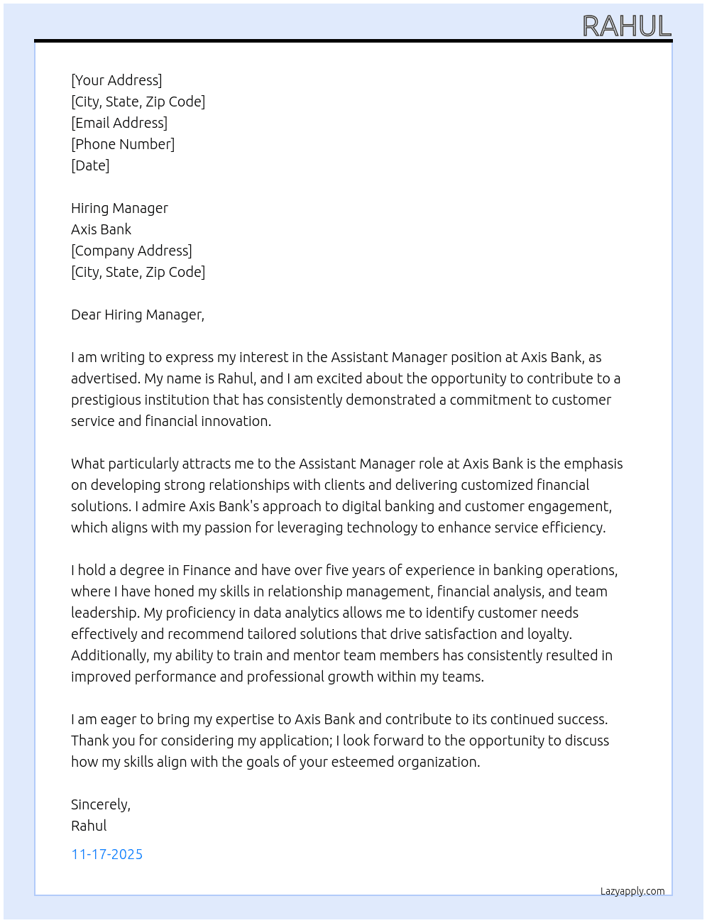 Cover letter for axis bank assistant manager - LazyApply