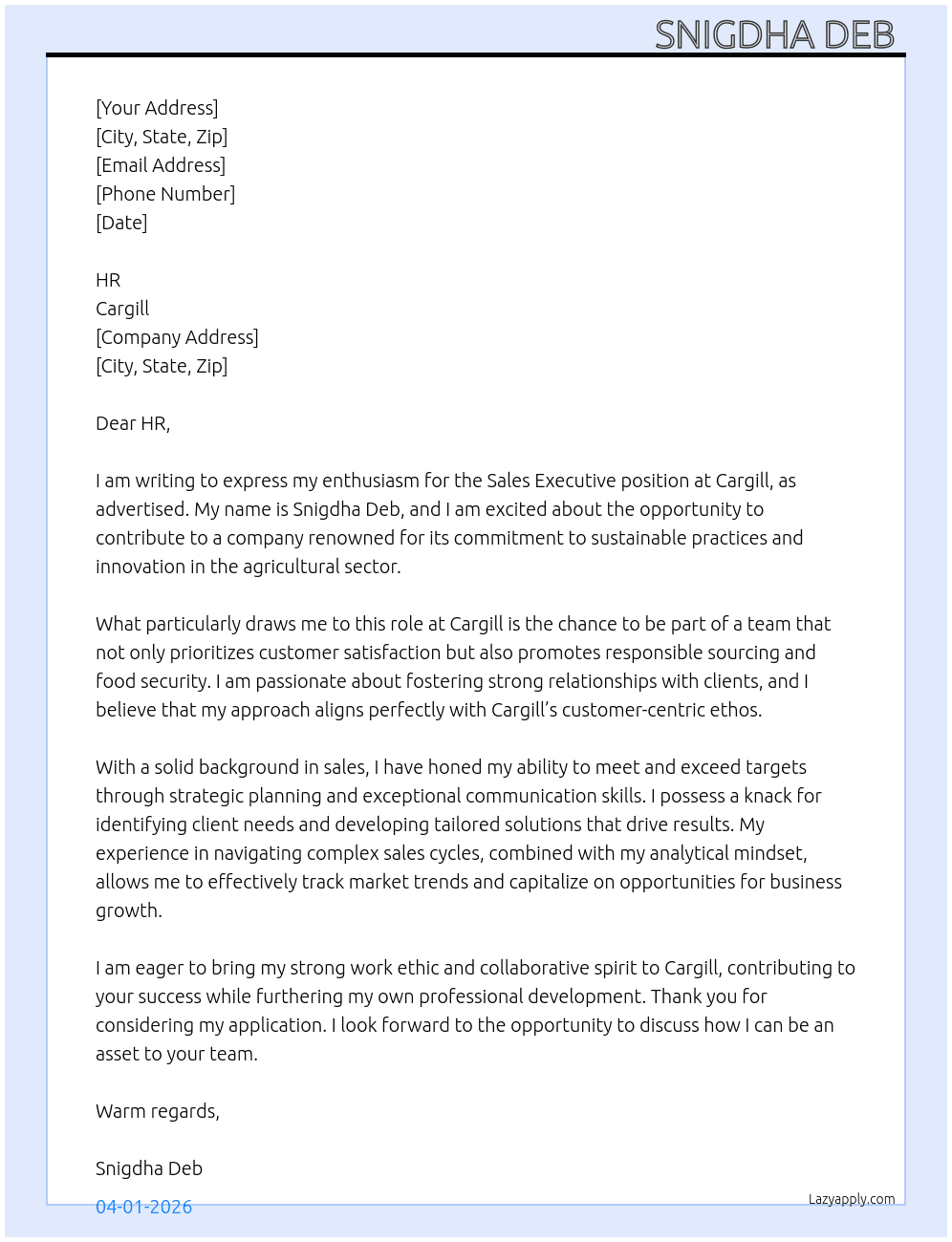 Sales executive At Cargill Cover Letter
