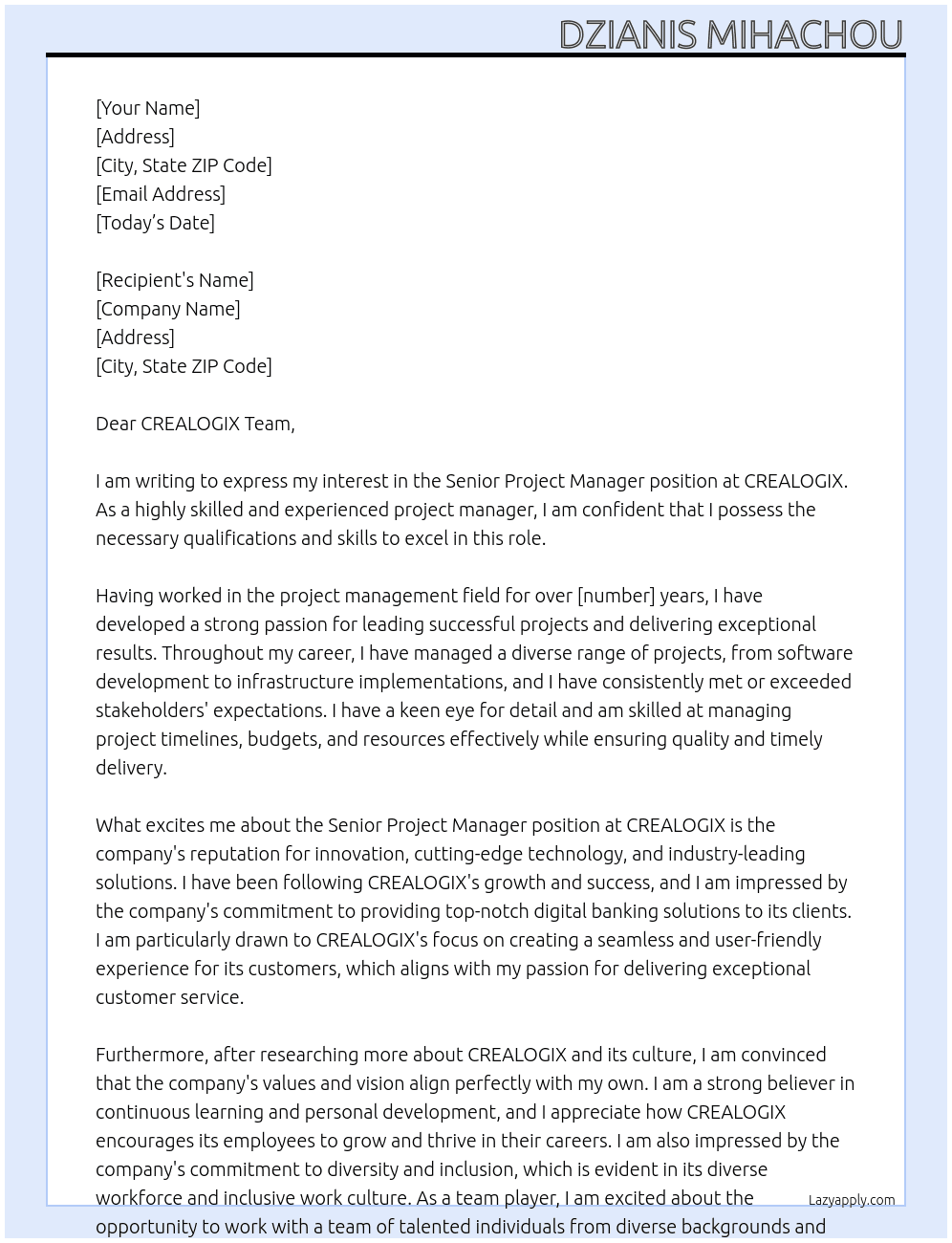 Senior Project Manager At CREALOGIX Cover Letter