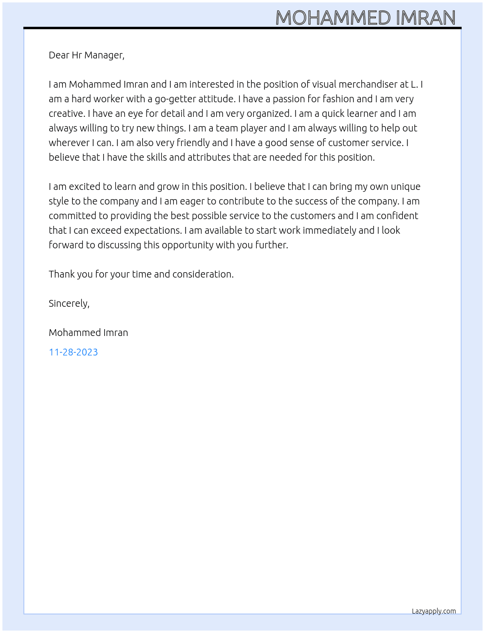 Visual merchandiser  At L Cover Letter