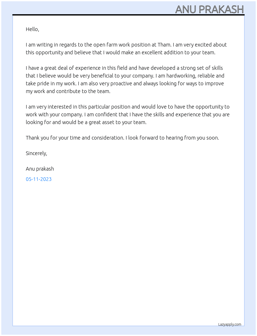 Farm work  At Tham Cover Letter