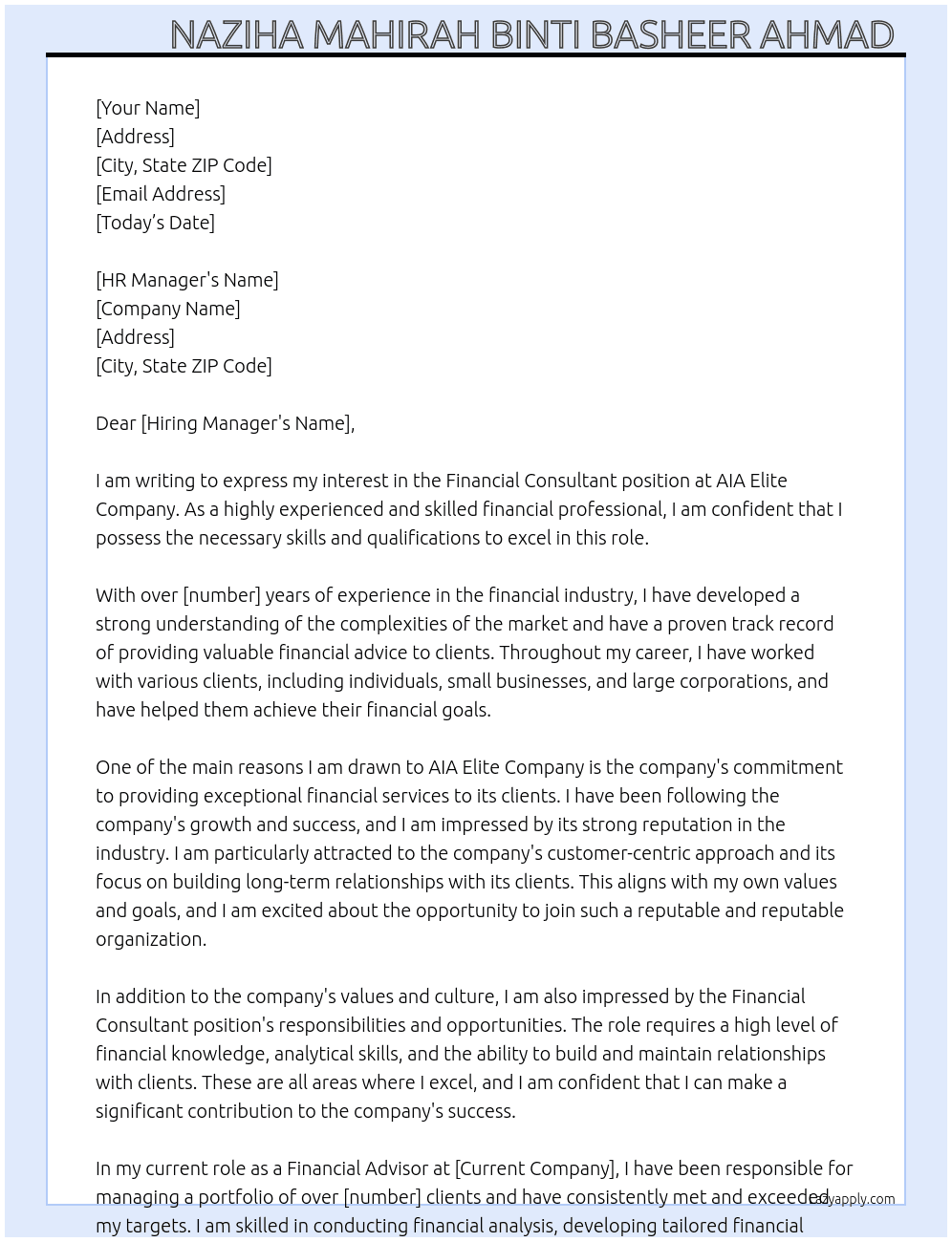 Financial Consultant At AIA Elite Company Cover Letter