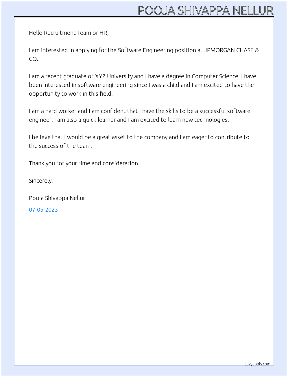 Software Engineering At JPMORGAN CHASE & CO Cover Letter