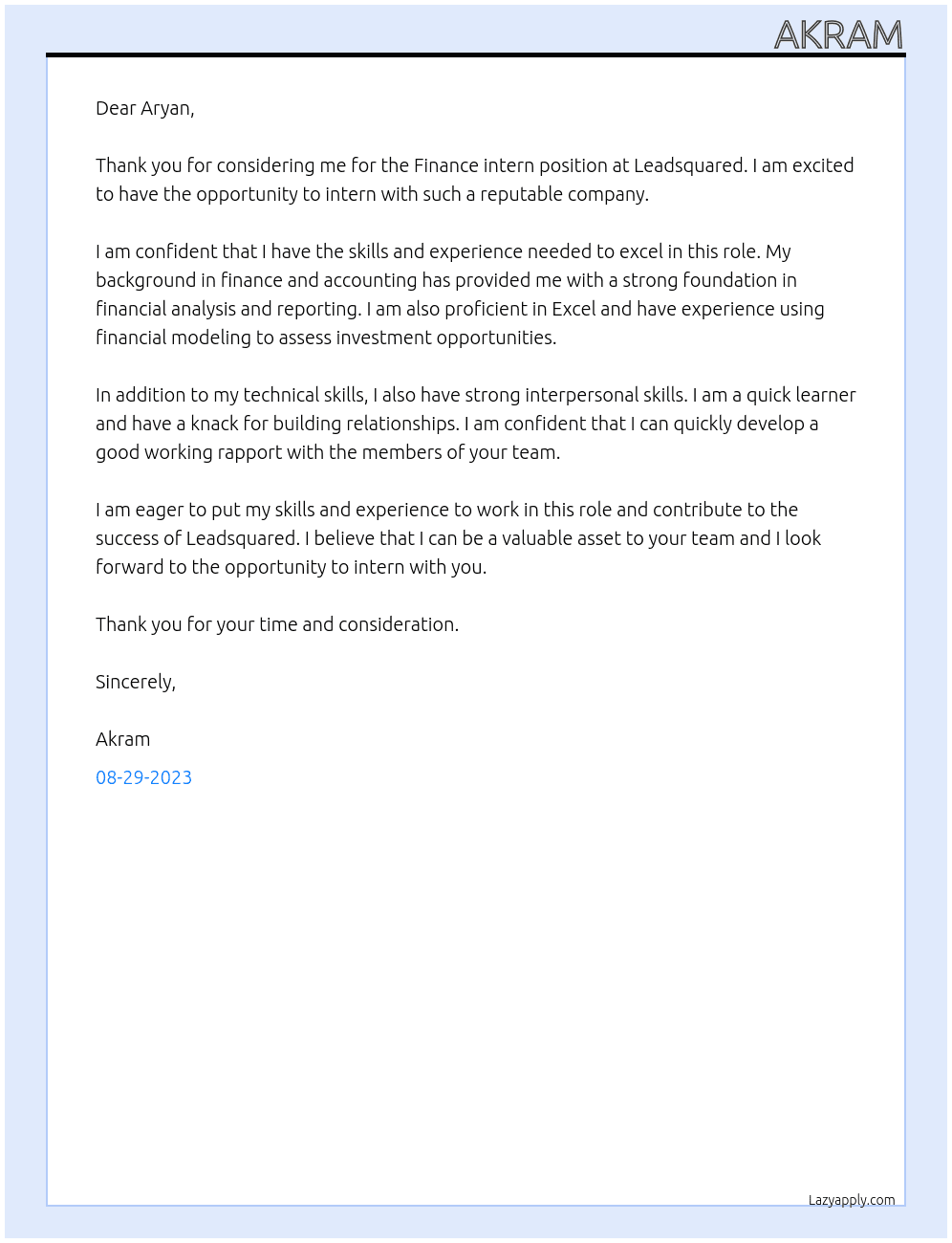 Finance intern  At Leadsquared Cover Letter