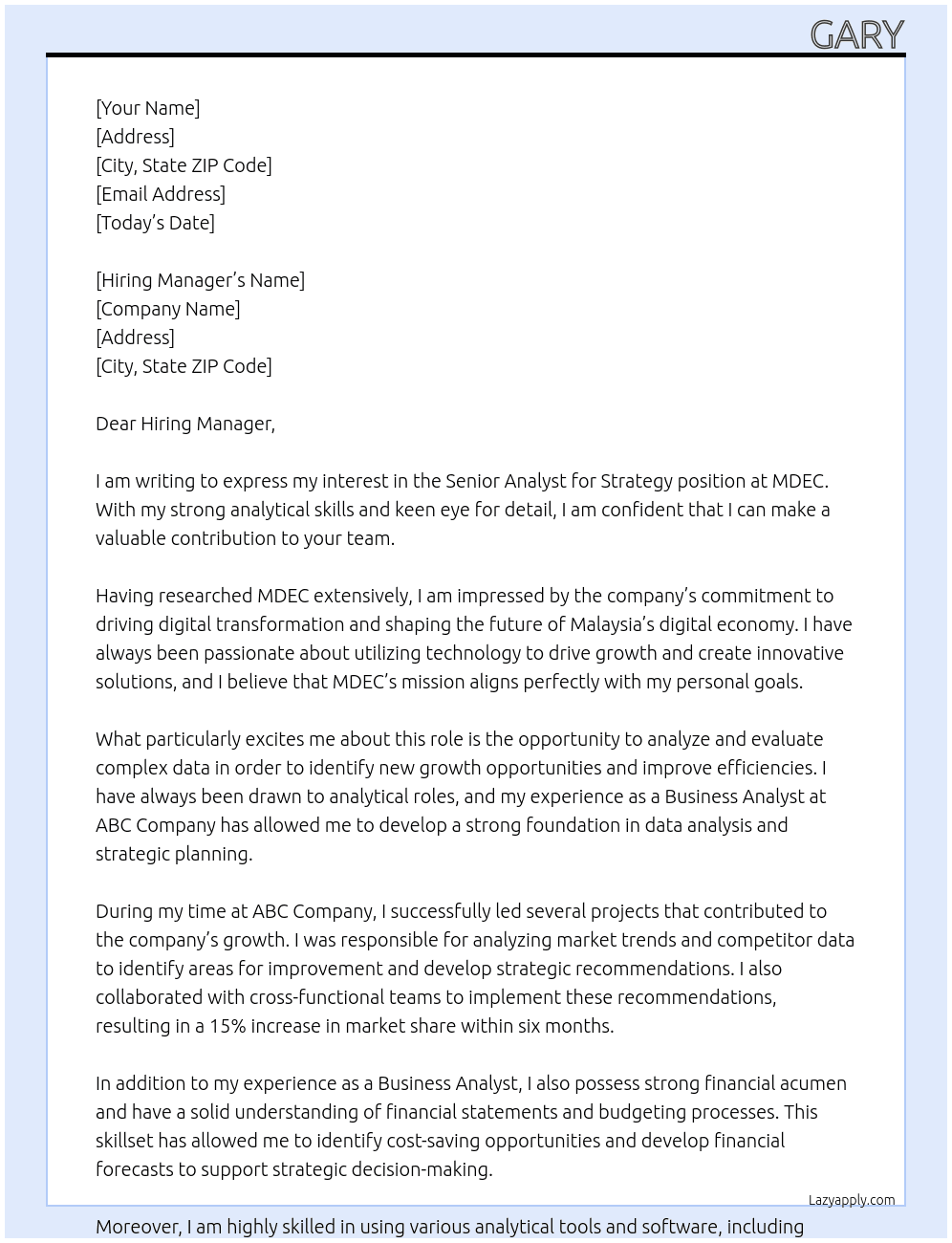 Senior Analyst for Strategy  At MDEC Cover Letter
