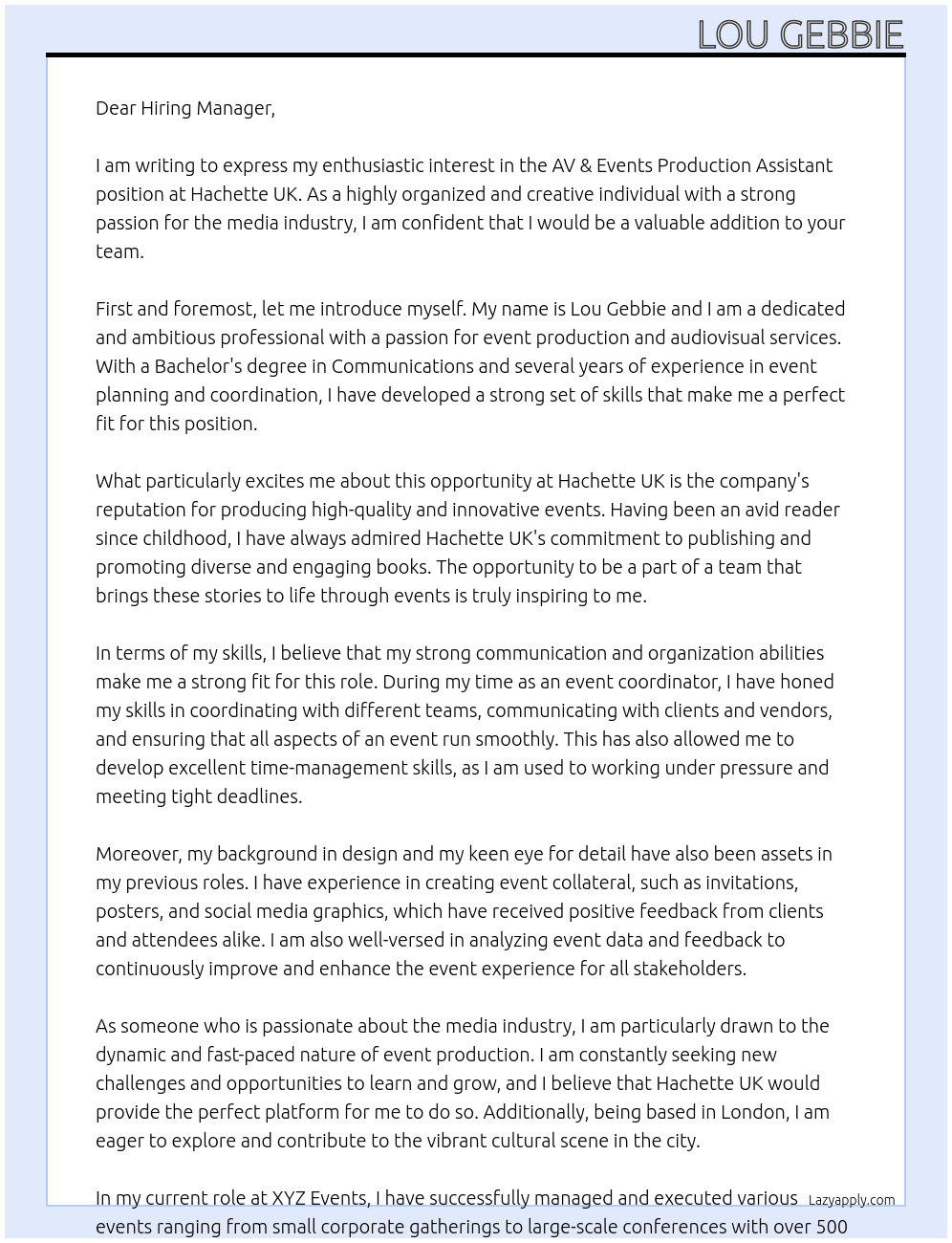 AV & Events Production Assistant At Hachette UK Cover Letter