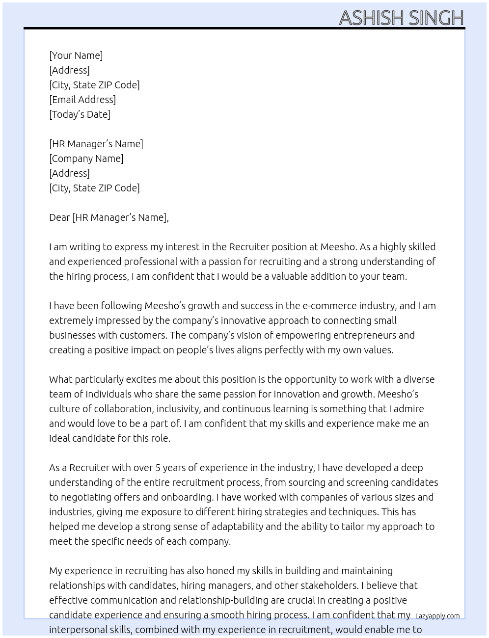 Recruiter At Meesho Cover Letter