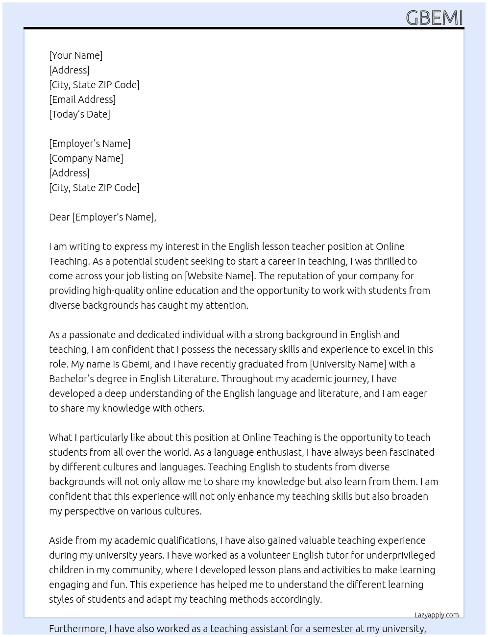 English lesson teacher At Online teaching Cover Letter