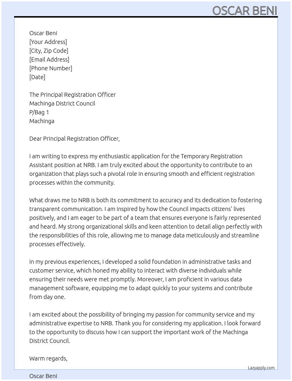 Temporary Registration Assistant  At NRB Cover Letter