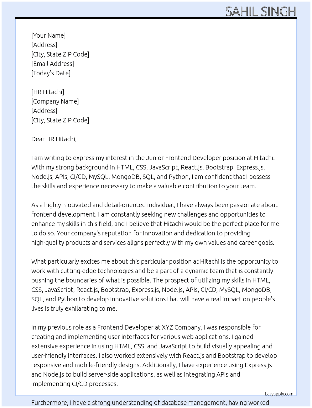 Junior Frontend devloper At Hitachi Cover Letter