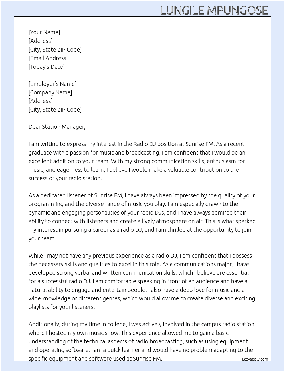 Radio dj no experience  At Sunrise FM  Cover Letter