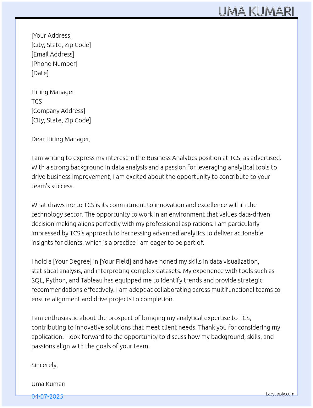 Cover letter for business analystics - LazyApply