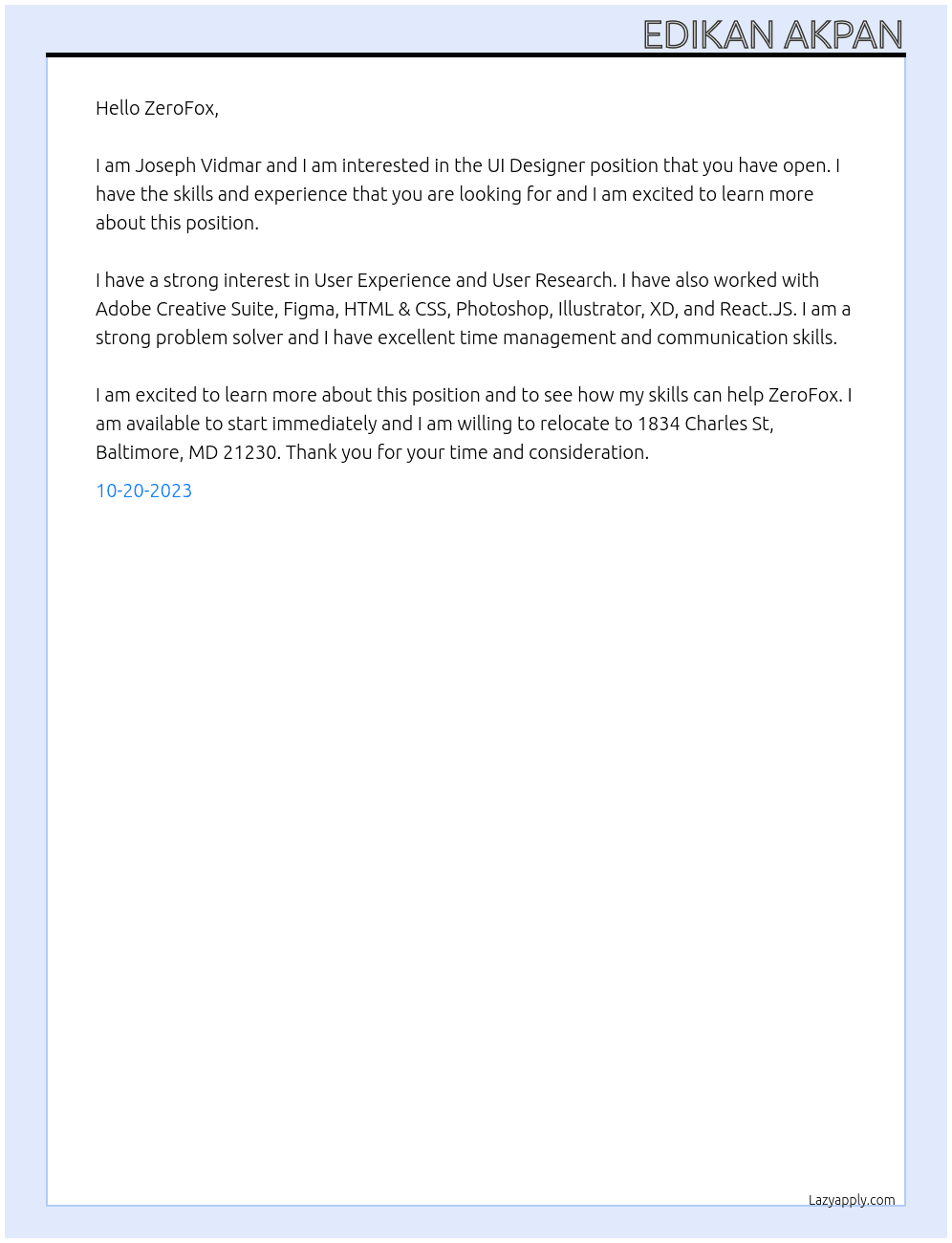 UI Designer At ZeroFox Cover Letter