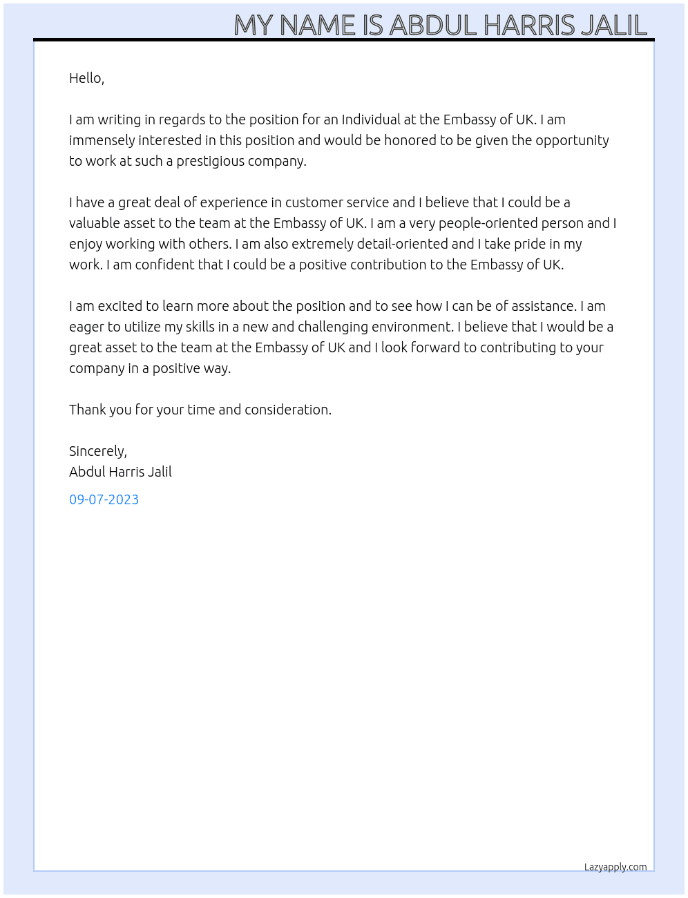 Individual  At Visit visa uk  Cover Letter