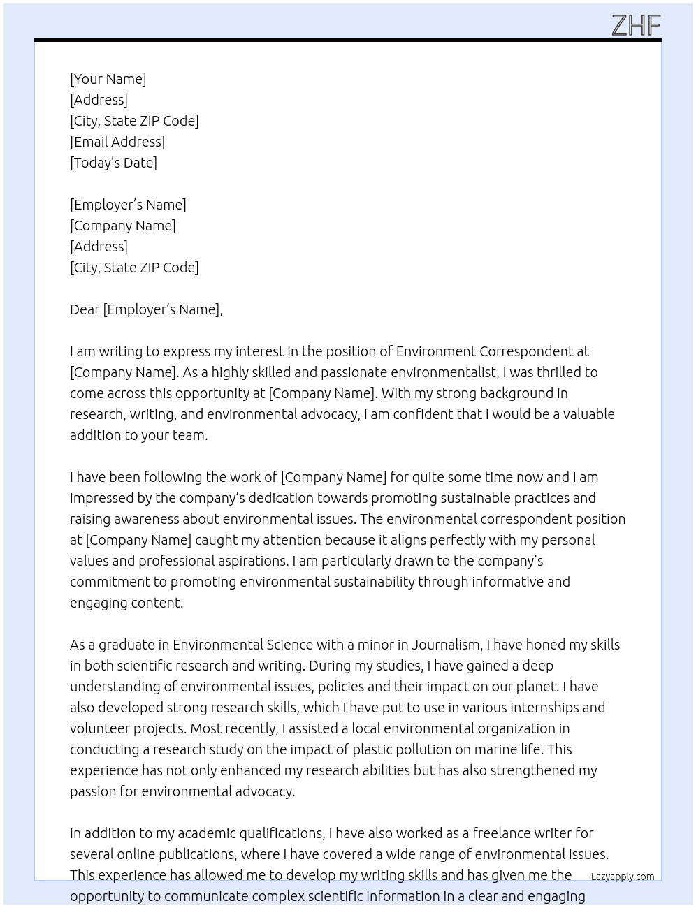 environment correspondant At htzh Cover Letter