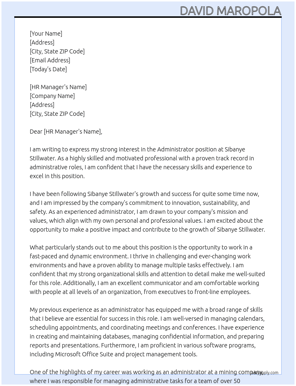 Adminstrator At Sibanye Stillwater Cover Letter