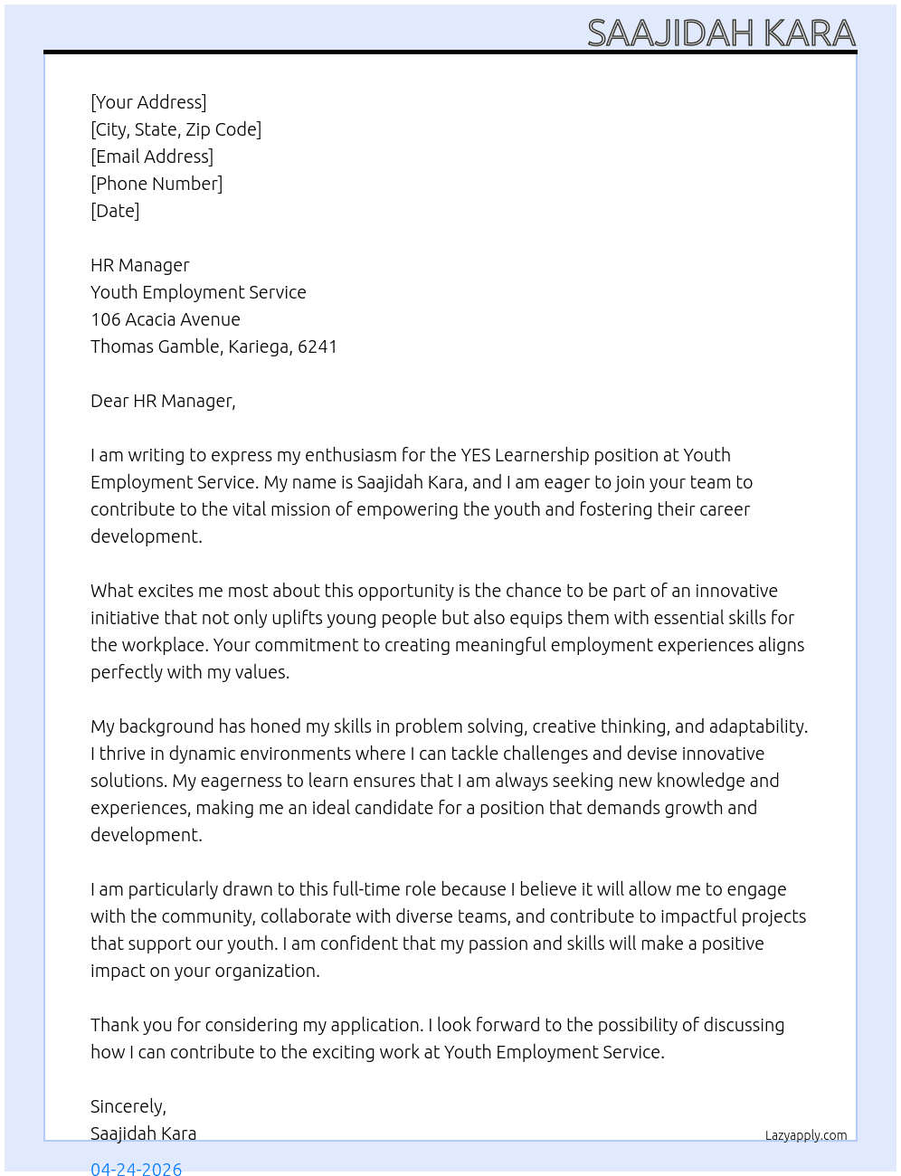 Cover letter for yes learnership - LazyApply