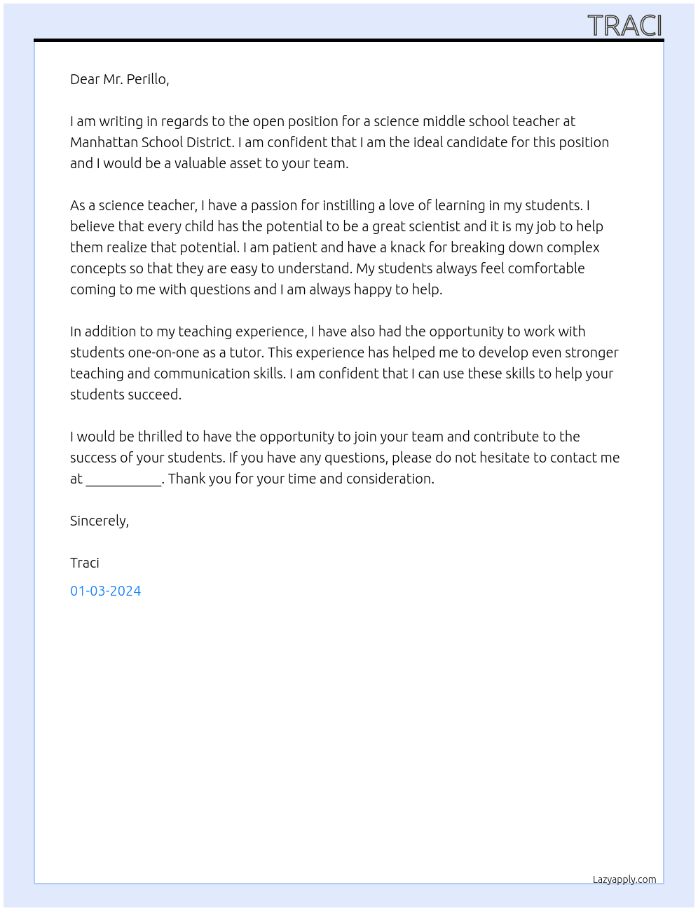 science middle school teacher At Manhattan School District Cover Letter