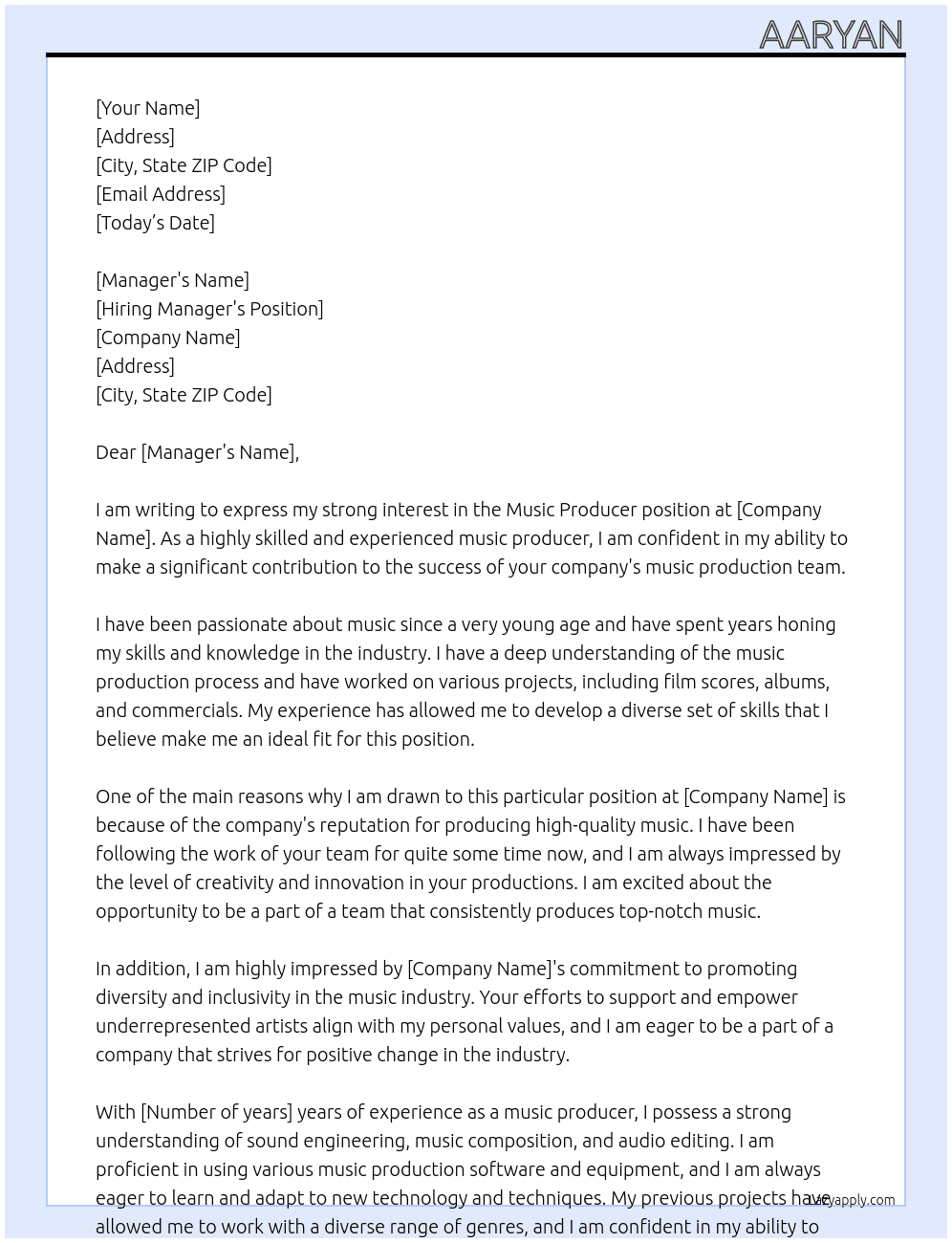 Music producer At Music Cover Letter